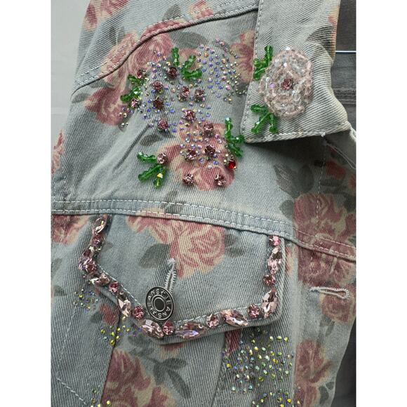 Women's Custom Bling embelished and floral denim oversized jacket XL - Picture 3 of 15
